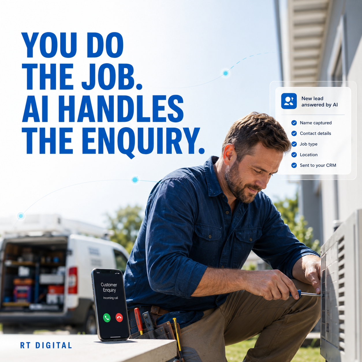 Trades professional on the job while AI handles the customer enquiry
